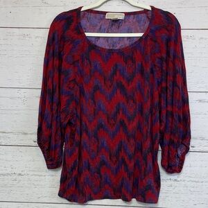 MICHAEL Michael Kors 3/4 Balloon Sleeve Top in Red and Purple Pattern, size L